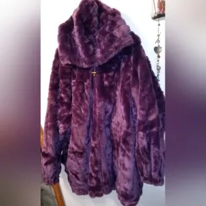 💜 REVERSIBLE ROYAL PURPLE FUR &amp; SILK COAT PLUS SIZE 3X HOODED JACKET