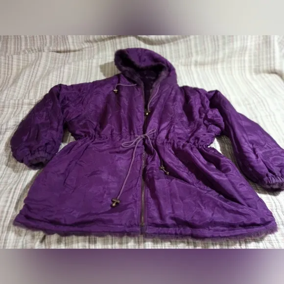 💜 REVERSIBLE ROYAL PURPLE FUR &amp; SILK COAT PLUS SIZE 3X HOODED JACKET