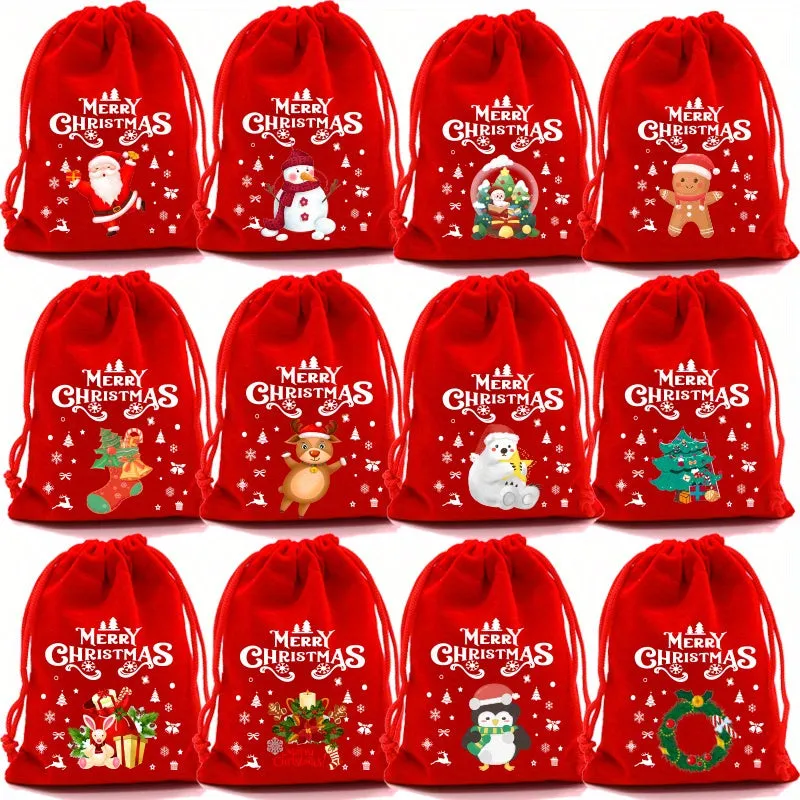 12-Pack Festive Red Velvet Christmas Gift Bags with Drawstring - Reusable Fabric Pouches for Party Favors, Jewelry, and Candy Packaging