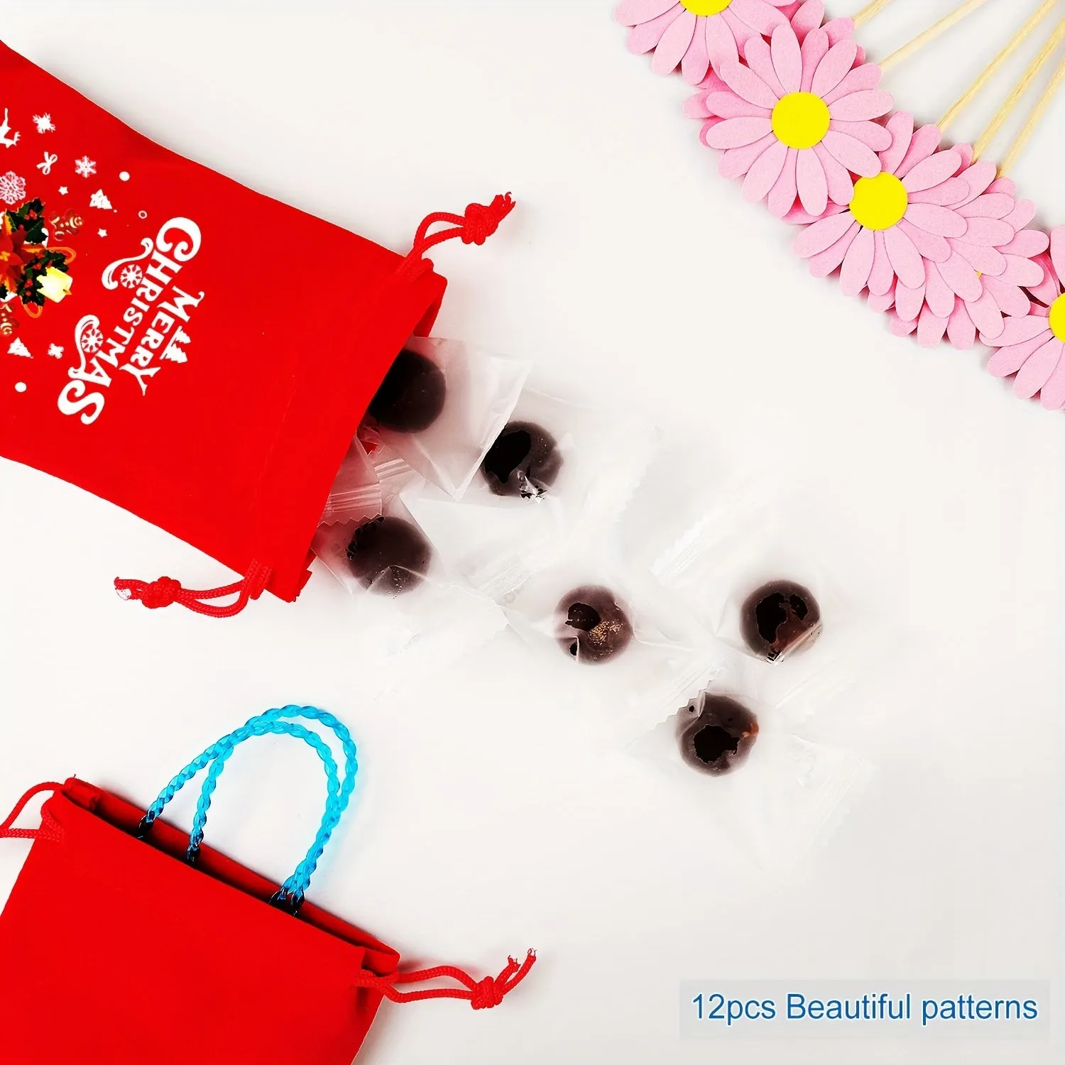 12-Pack Festive Red Velvet Christmas Gift Bags with Drawstring - Reusable Fabric Pouches for Party Favors, Jewelry, and Candy Packaging