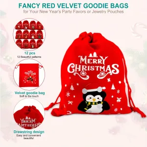 12-Pack Festive Red Velvet Christmas Gift Bags with Drawstring - Reusable Fabric Pouches for Party Favors, Jewelry, and Candy Packaging