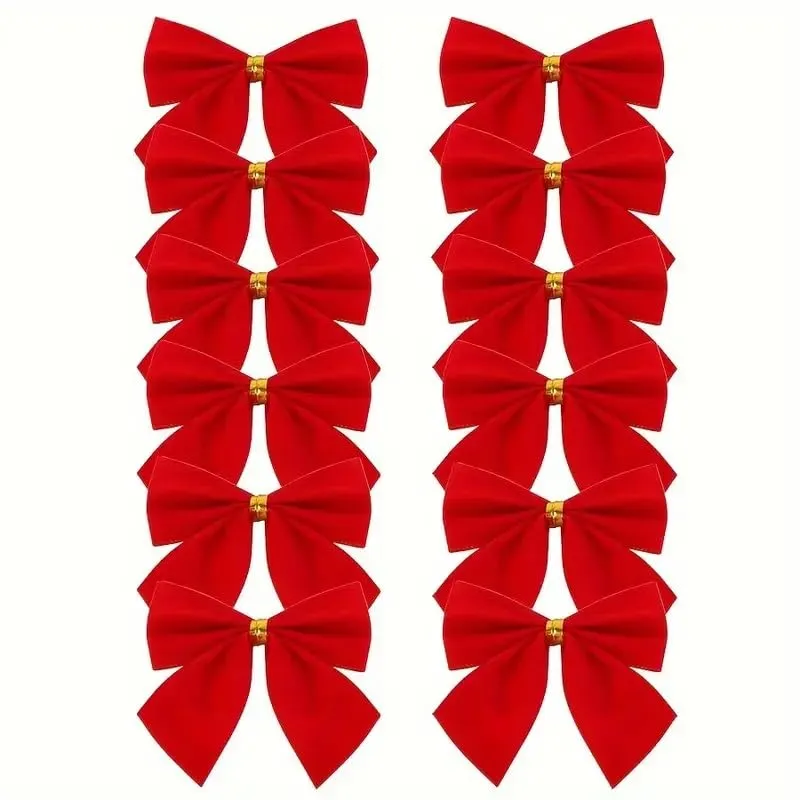 12pcs Pack, Red Small Velvet Christmas Bows for Christmas Tree, Wreath, Gift Wrapping, Crafts, Wedding, Party, Twist Tie Bows for Treat Bag Bakery Candy Bags, Home Decor