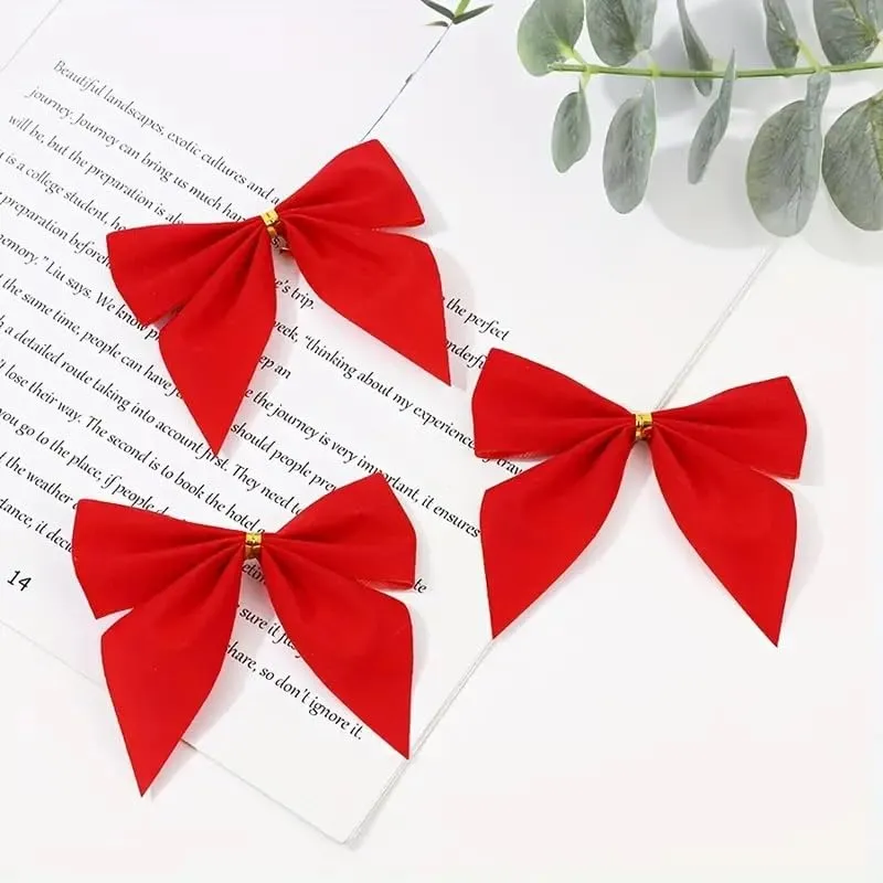 12pcs Pack, Red Small Velvet Christmas Bows for Christmas Tree, Wreath, Gift Wrapping, Crafts, Wedding, Party, Twist Tie Bows for Treat Bag Bakery Candy Bags, Home Decor