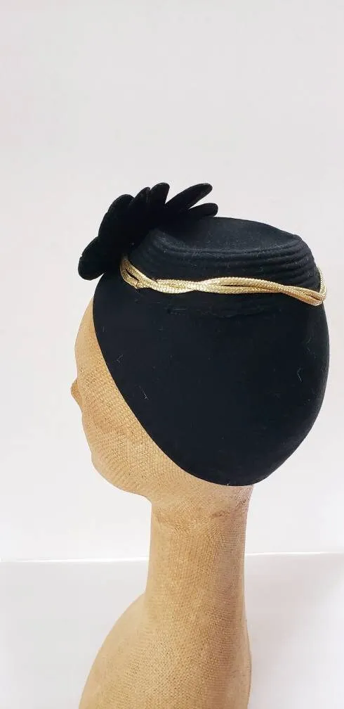1930s Black Wool Toque Gold Braiding / 30s Art Deco Soft Evening Cocktail Dressy Hat / Erta