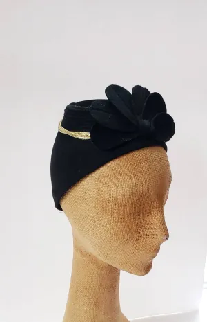 1930s Black Wool Toque Gold Braiding / 30s Art Deco Soft Evening Cocktail Dressy Hat / Erta