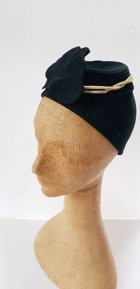 1930s Black Wool Toque Gold Braiding / 30s Art Deco Soft Evening Cocktail Dressy Hat / Erta