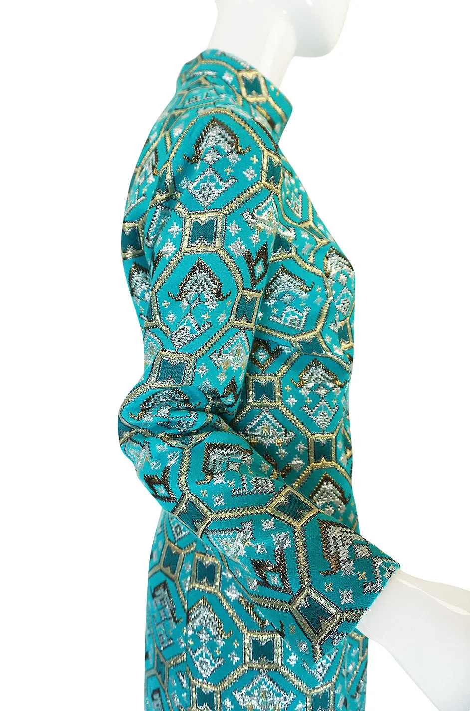1970s Turquoise & Metallic Ikat Brocade Mollie Parnis Dress