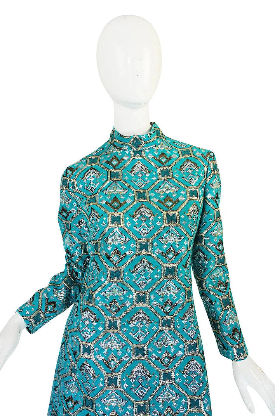 1970s Turquoise & Metallic Ikat Brocade Mollie Parnis Dress