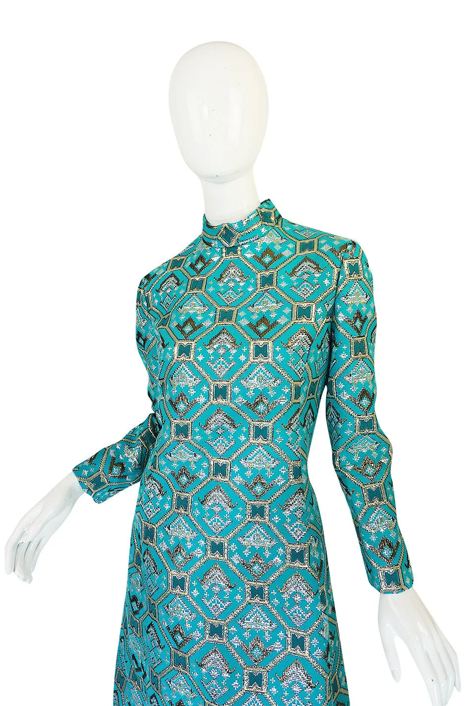 1970s Turquoise & Metallic Ikat Brocade Mollie Parnis Dress