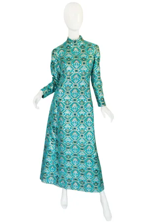 1970s Turquoise & Metallic Ikat Brocade Mollie Parnis Dress