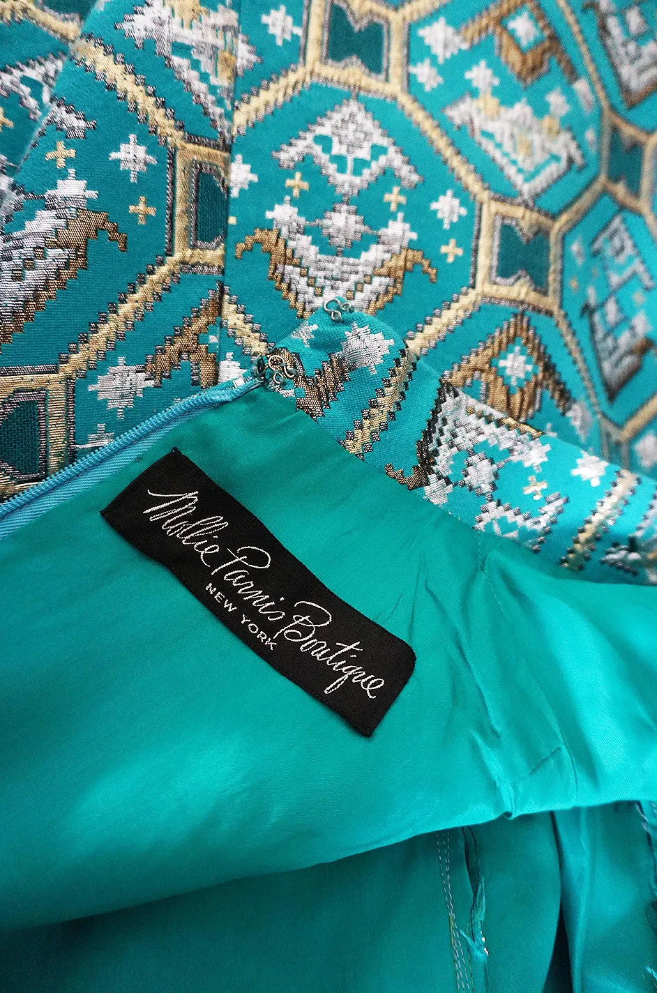 1970s Turquoise & Metallic Ikat Brocade Mollie Parnis Dress