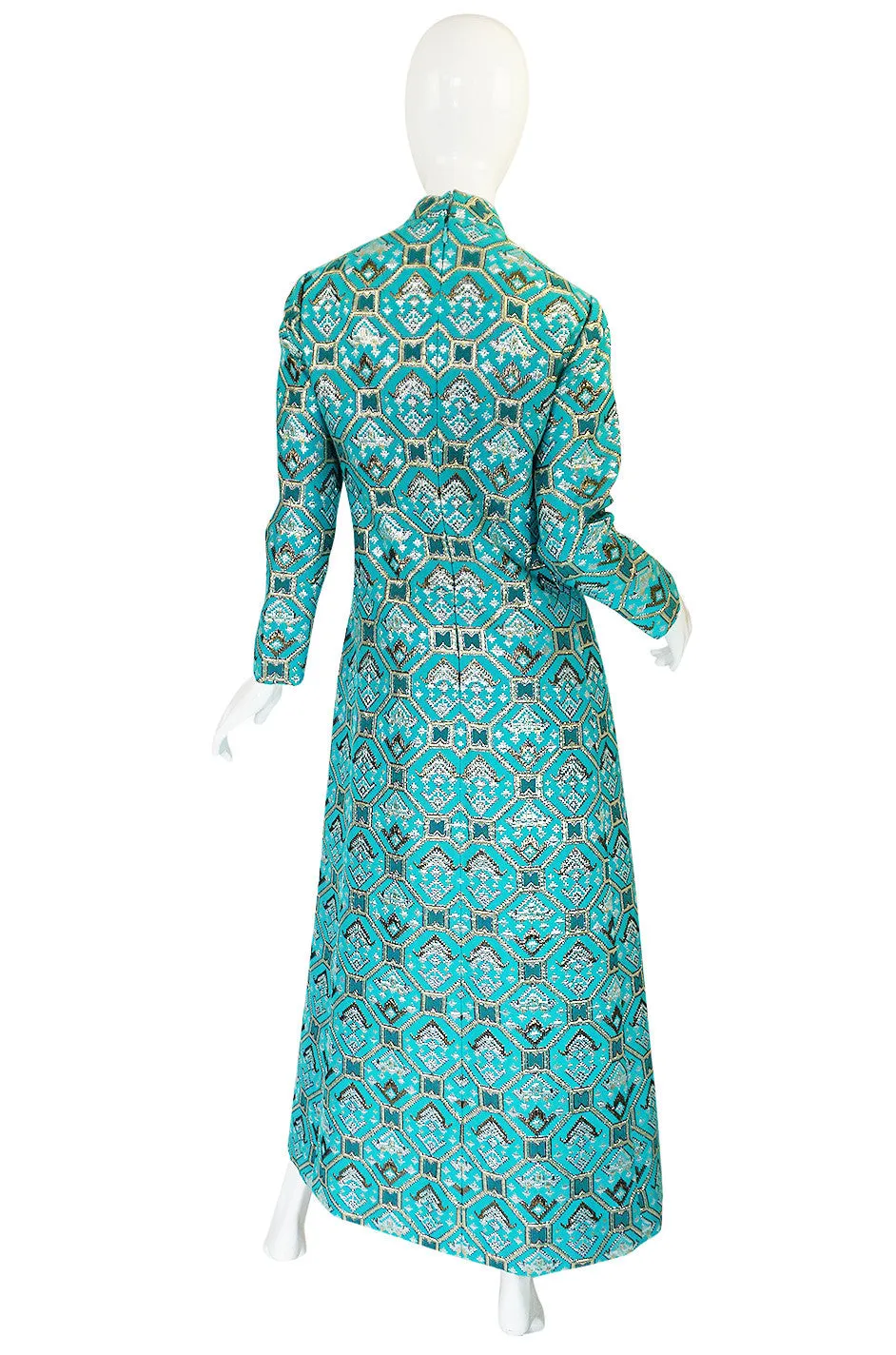 1970s Turquoise & Metallic Ikat Brocade Mollie Parnis Dress
