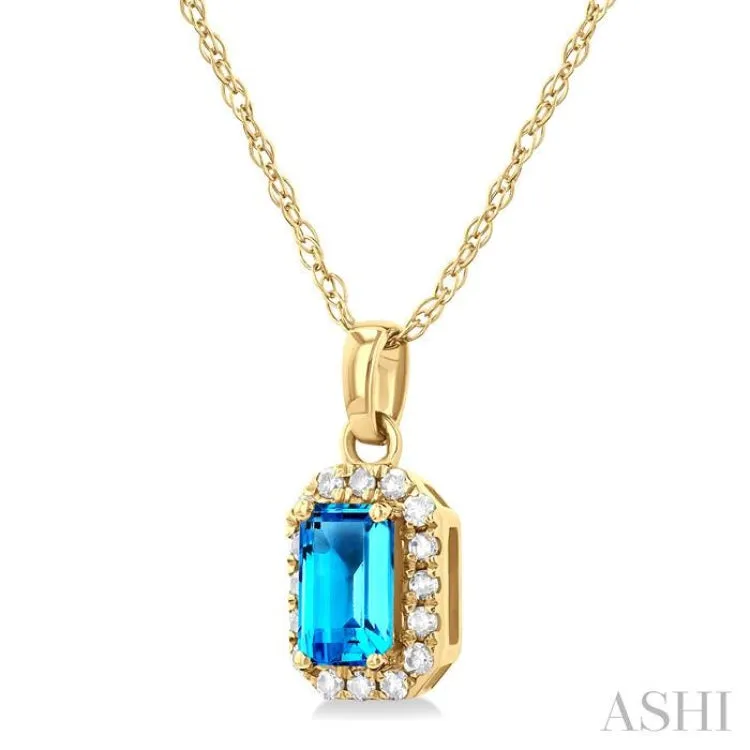 5x3 MM Octagonal Shape Blue Topaz and 1/20 ctw Single Cut Diamond Halo Semi Precious Pendant with Chain in 14K Yellow Gold