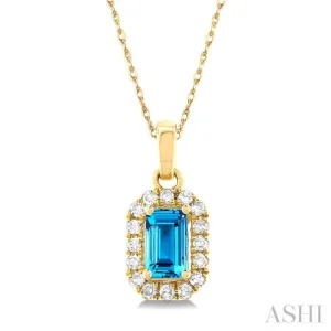 5x3 MM Octagonal Shape Blue Topaz and 1/20 ctw Single Cut Diamond Halo Semi Precious Pendant with Chain in 14K Yellow Gold