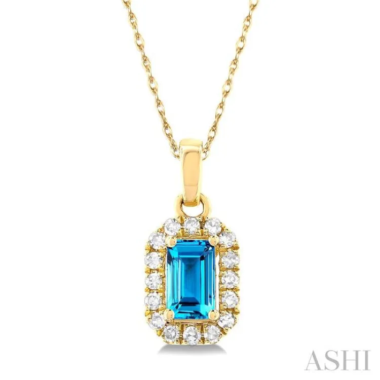 5x3 MM Octagonal Shape Blue Topaz and 1/20 ctw Single Cut Diamond Halo Semi Precious Pendant with Chain in 14K Yellow Gold
