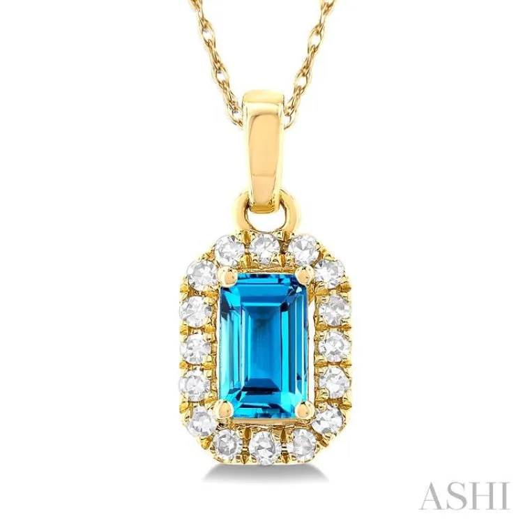 5x3 MM Octagonal Shape Blue Topaz and 1/20 ctw Single Cut Diamond Halo Semi Precious Pendant with Chain in 14K Yellow Gold