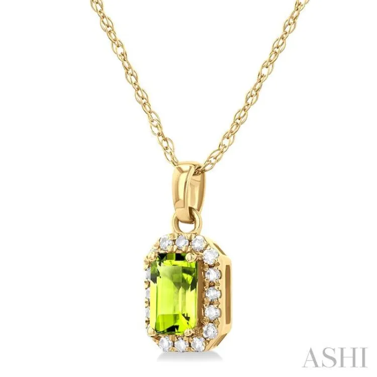 5x3 MM Octagonal Shape Peridot and 1/20 ctw Single Cut Diamond Halo Semi Precious Pendant with Chain in 14K Yellow Gold