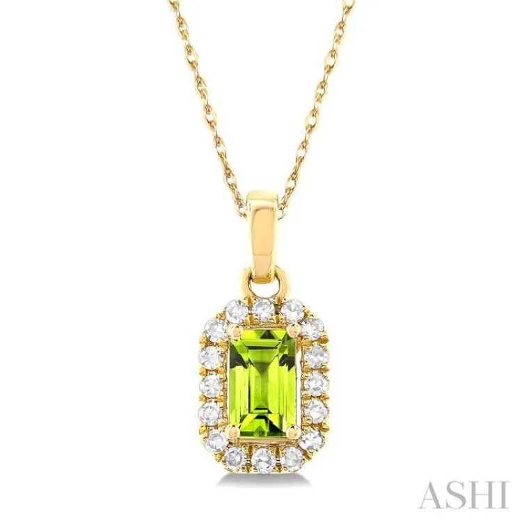 5x3 MM Octagonal Shape Peridot and 1/20 ctw Single Cut Diamond Halo Semi Precious Pendant with Chain in 14K Yellow Gold