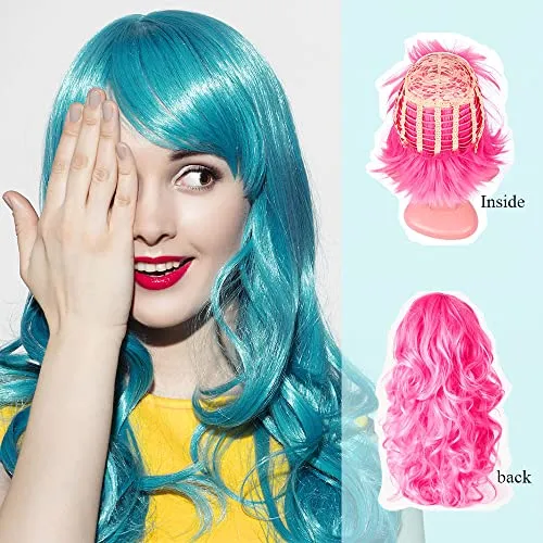 6 Pack Wavy Party Wigs Curly Color Wigs Halloween Bachelorette Party Includes 6 Pack Neon Party Glasses Blue, White, Green, Red, Purple, Pink