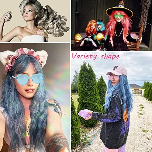 6 Pack Wavy Party Wigs Curly Color Wigs Halloween Bachelorette Party Includes 6 Pack Neon Party Glasses Blue, White, Green, Red, Purple, Pink