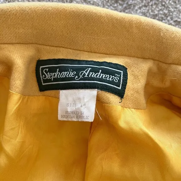 90s Vintage Stephanie Andrews 100% Pure Wool Retro Yellow Double Breasted Peacoa