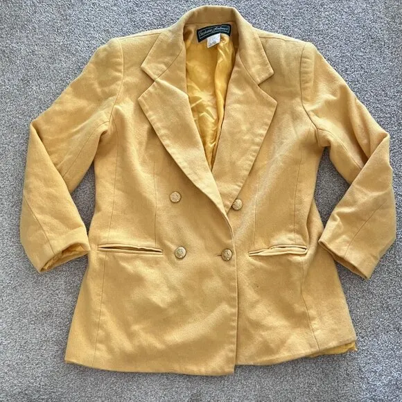 90s Vintage Stephanie Andrews 100% Pure Wool Retro Yellow Double Breasted Peacoa