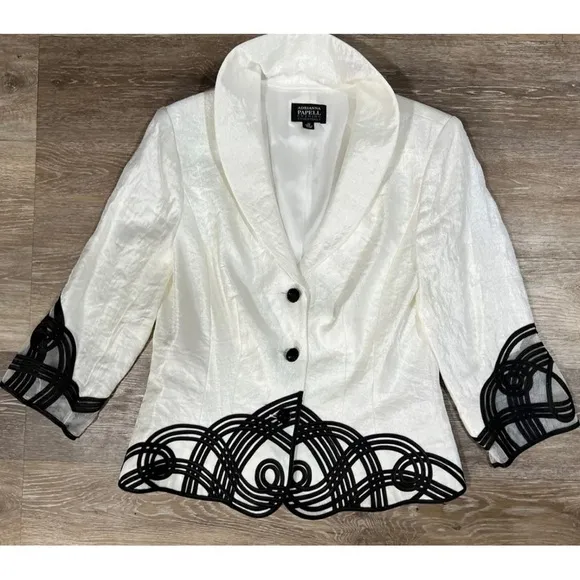 Adrianna Papell Evening Womens Sz 10 Metallic Ivory Black Soutache Blazer Jacket