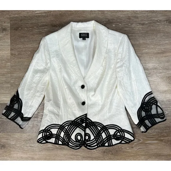 Adrianna Papell Evening Womens Sz 10 Metallic Ivory Black Soutache Blazer Jacket