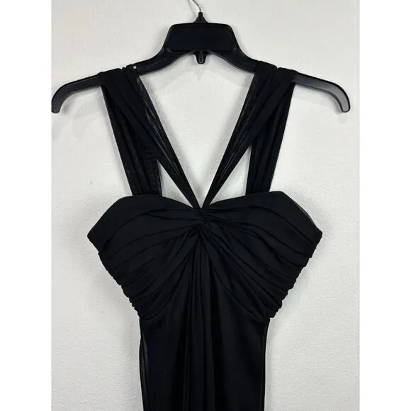 Alex Evening Black Chiffon V-Strap Long Dress Twist Front Size 4 Gala USA Made
