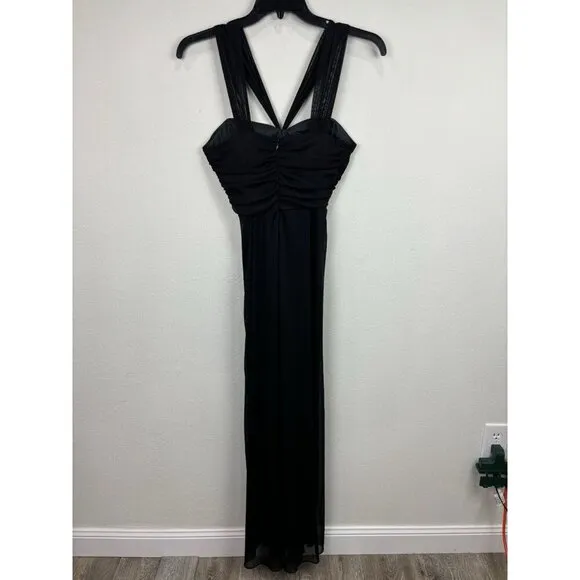 Alex Evening Black Chiffon V-Strap Long Dress Twist Front Size 4 Gala USA Made