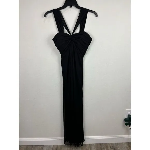 Alex Evening Black Chiffon V-Strap Long Dress Twist Front Size 4 Gala USA Made