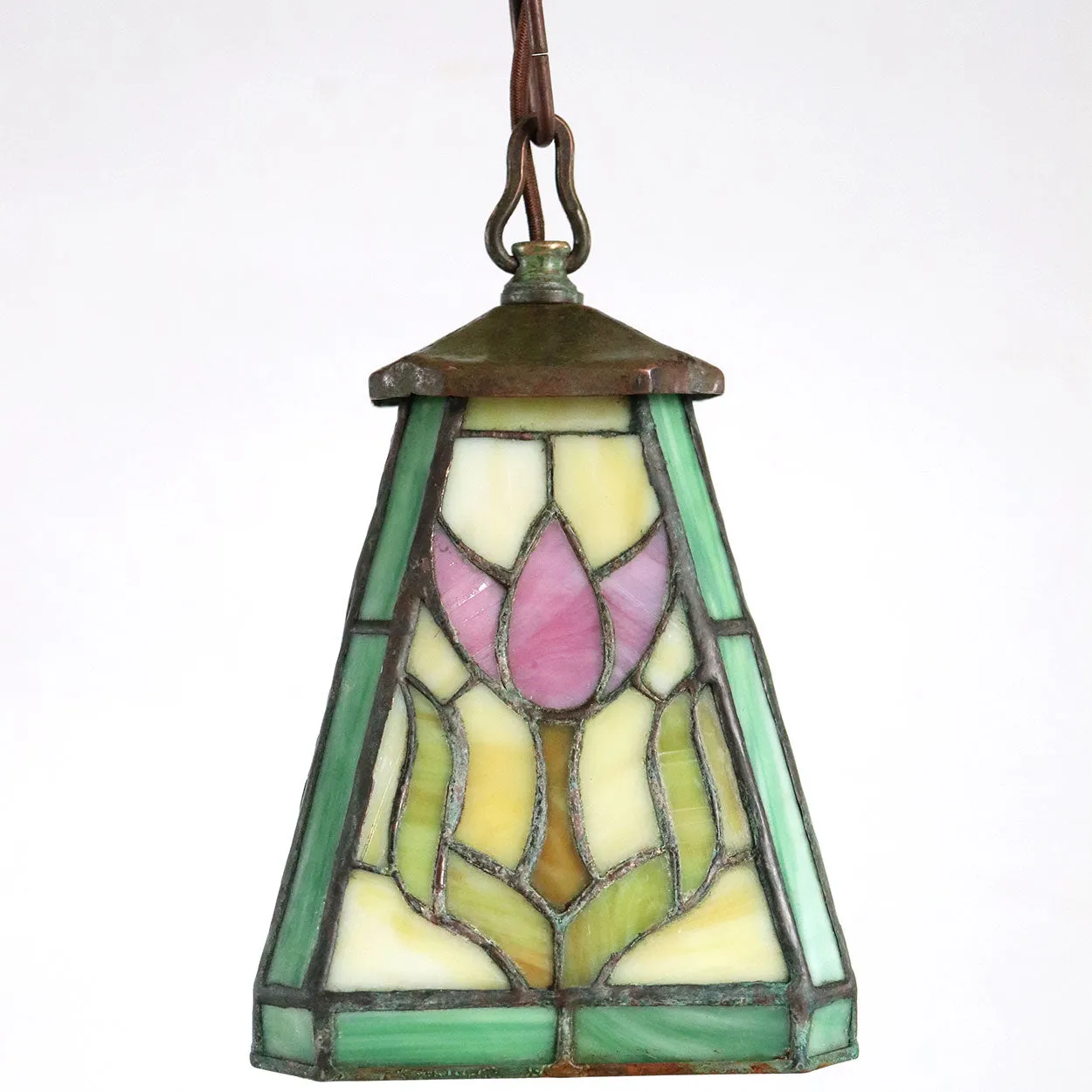 American Arts and Crafts Leaded Stained Glass Tulip Pattern Pendant One-Light Hall Light