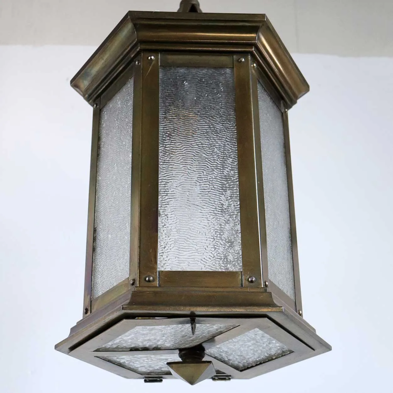 American Brass and Textured Rolled Glass Hexagonal One-Light Hanging Lantern