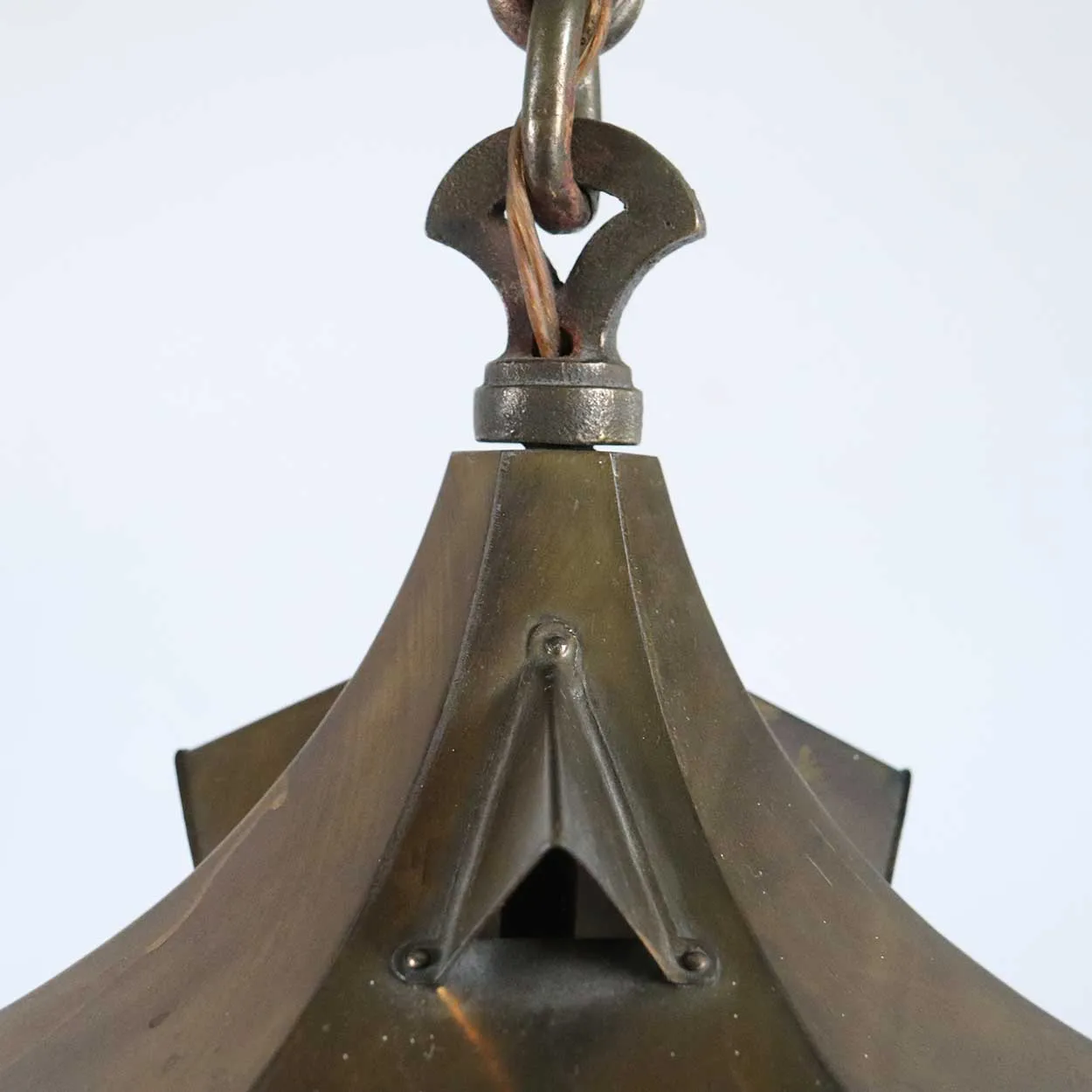 American Brass and Textured Rolled Glass Hexagonal One-Light Hanging Lantern