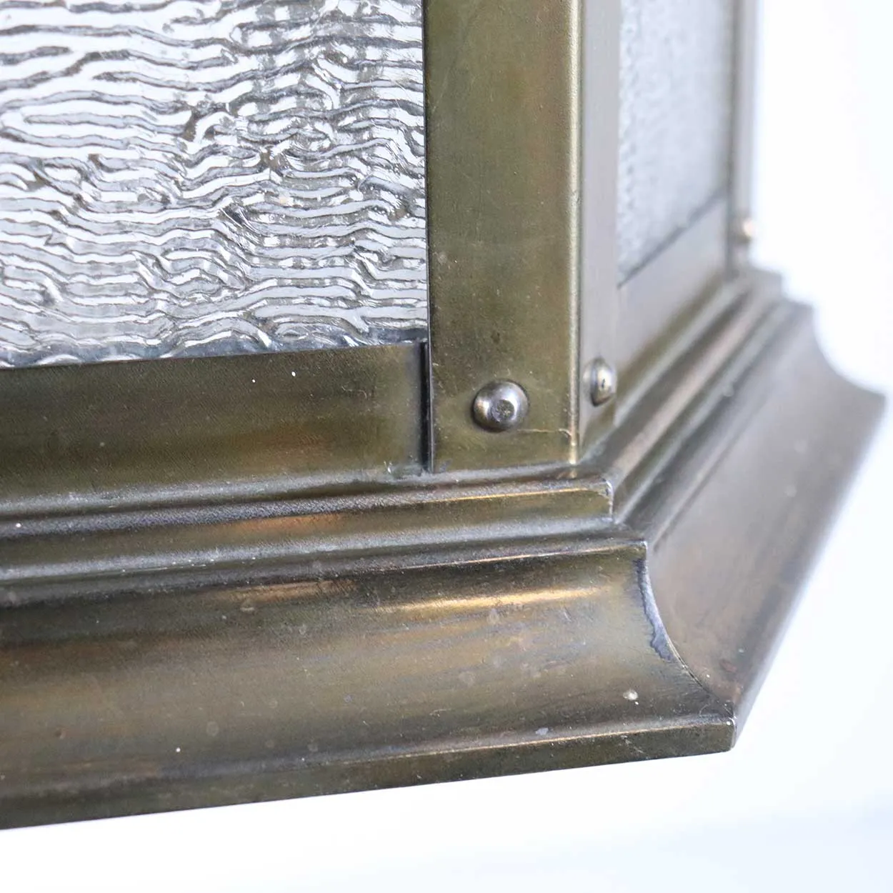 American Brass and Textured Rolled Glass Hexagonal One-Light Hanging Lantern