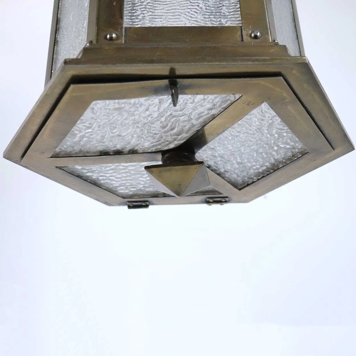 American Brass and Textured Rolled Glass Hexagonal One-Light Hanging Lantern