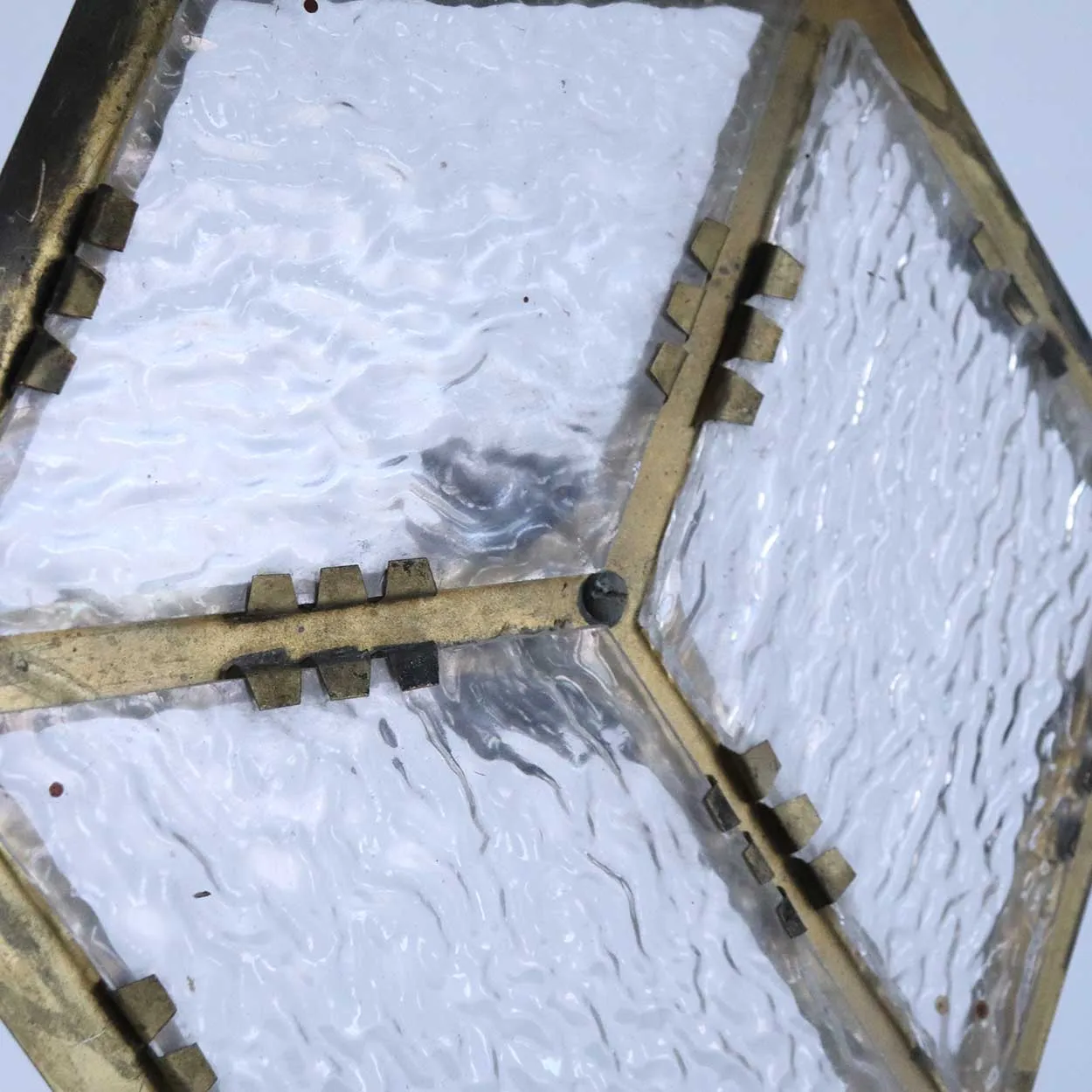 American Brass and Textured Rolled Glass Hexagonal One-Light Hanging Lantern