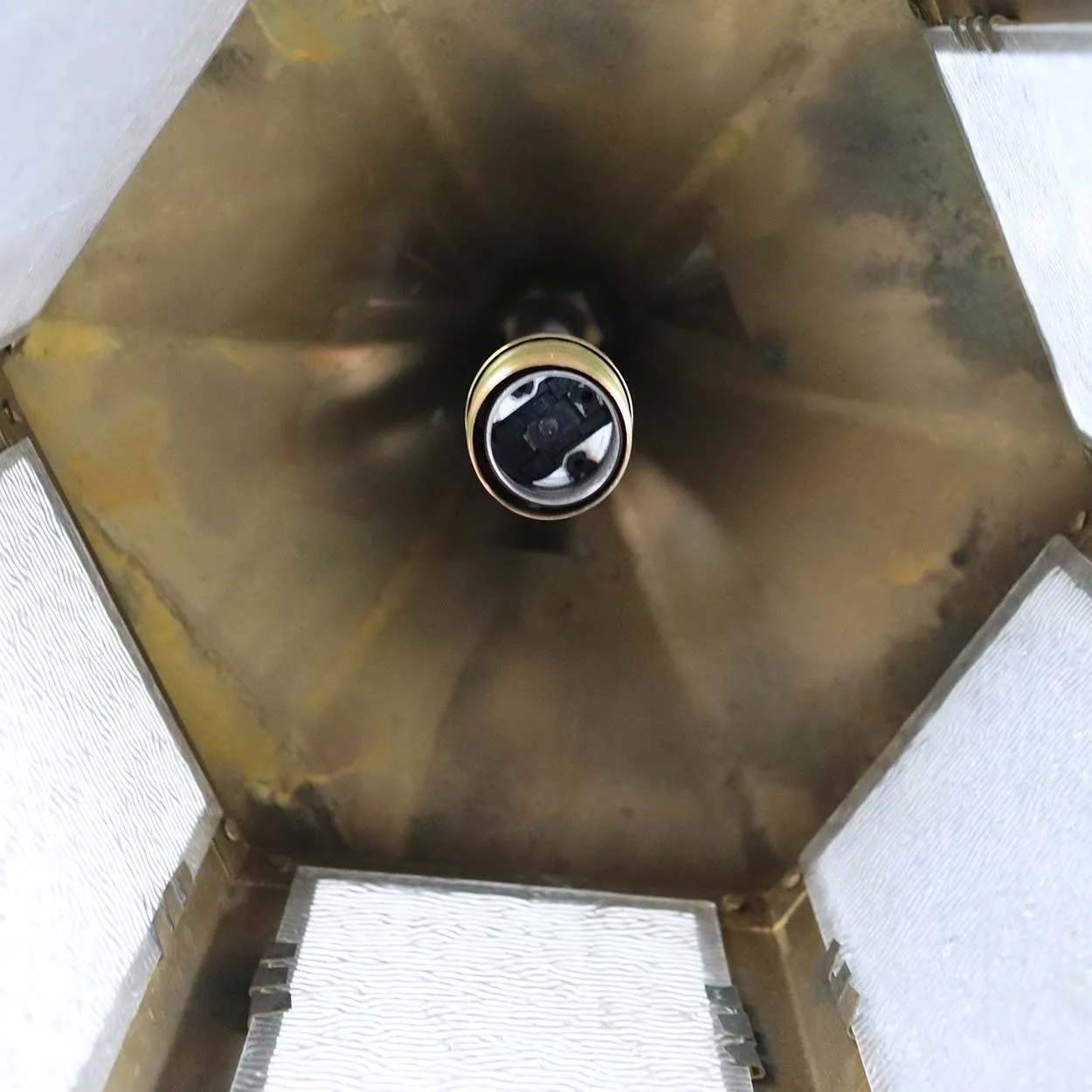 American Brass and Textured Rolled Glass Hexagonal One-Light Hanging Lantern