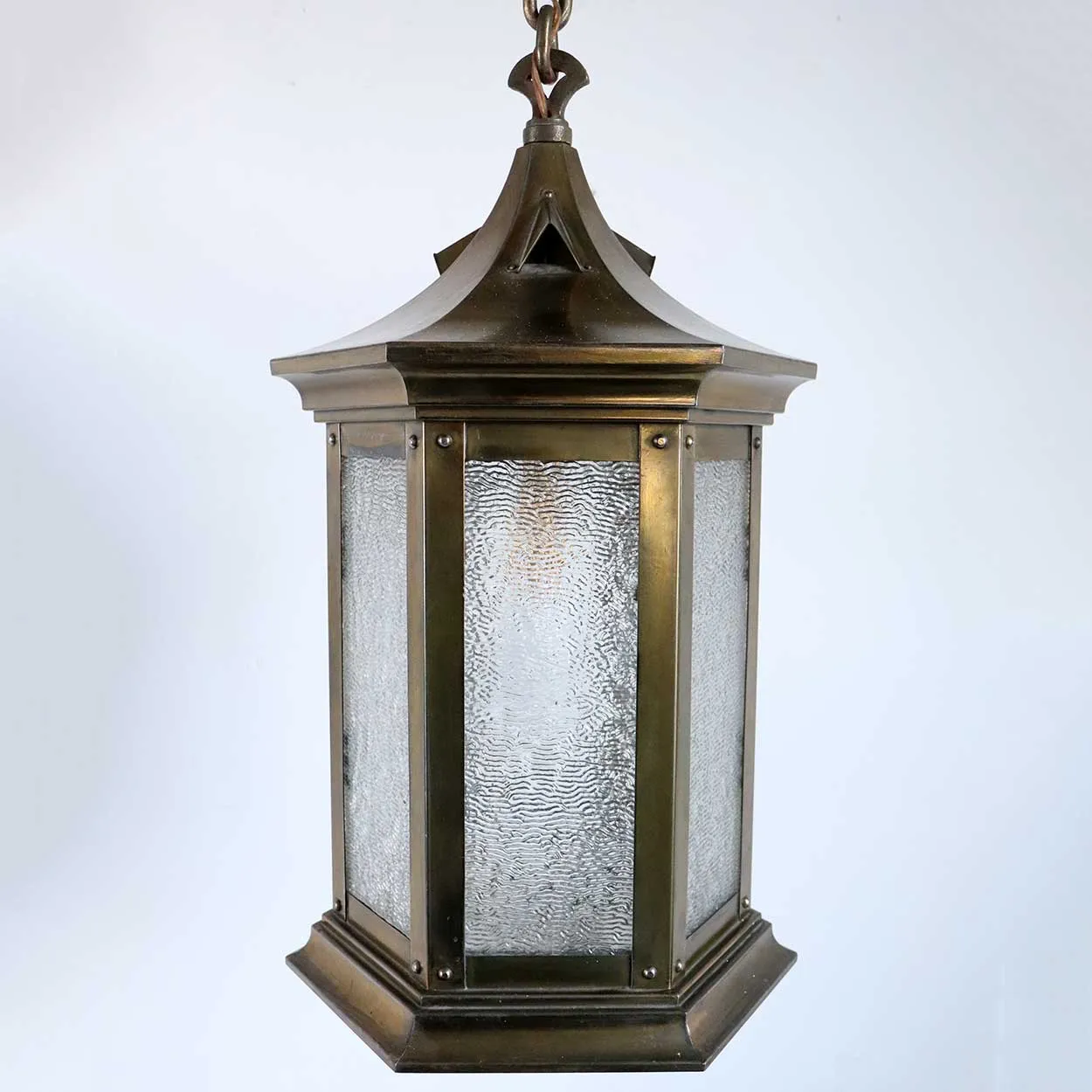 American Brass and Textured Rolled Glass Hexagonal One-Light Hanging Lantern