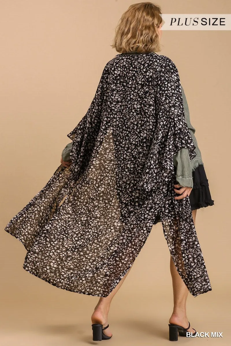 Animal Print and Gold Flakes Detail Bell Sleeve Open Front Long Kimono with Side Slits