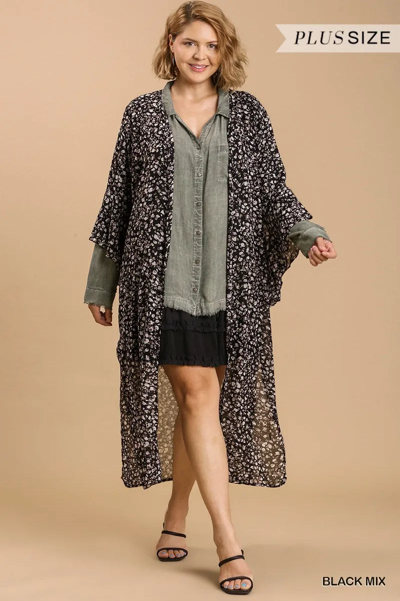 Animal Print and Gold Flakes Detail Bell Sleeve Open Front Long Kimono with Side Slits