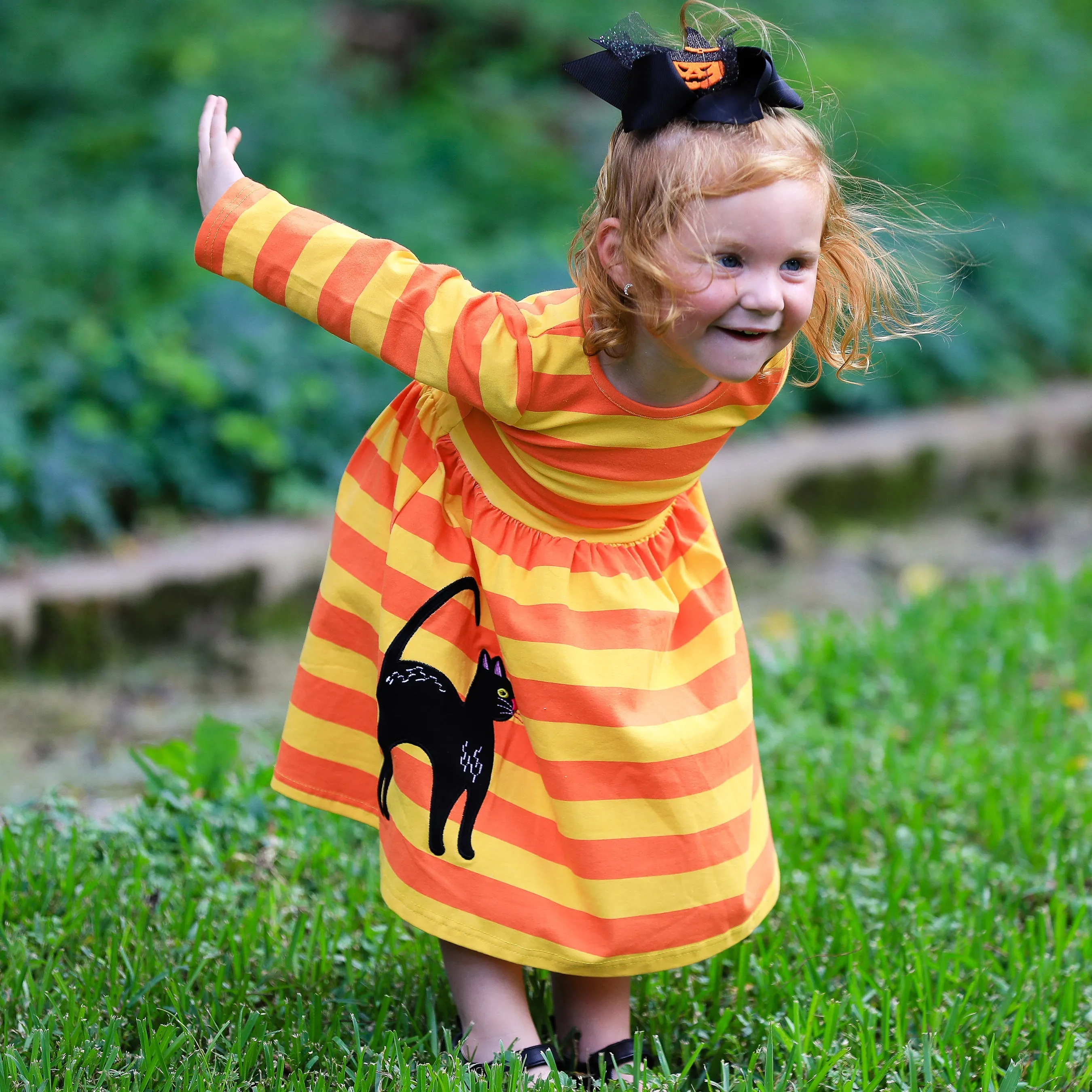 AnnLoren Girls Boutique Black Cat Orange Striped Halloween Dress
