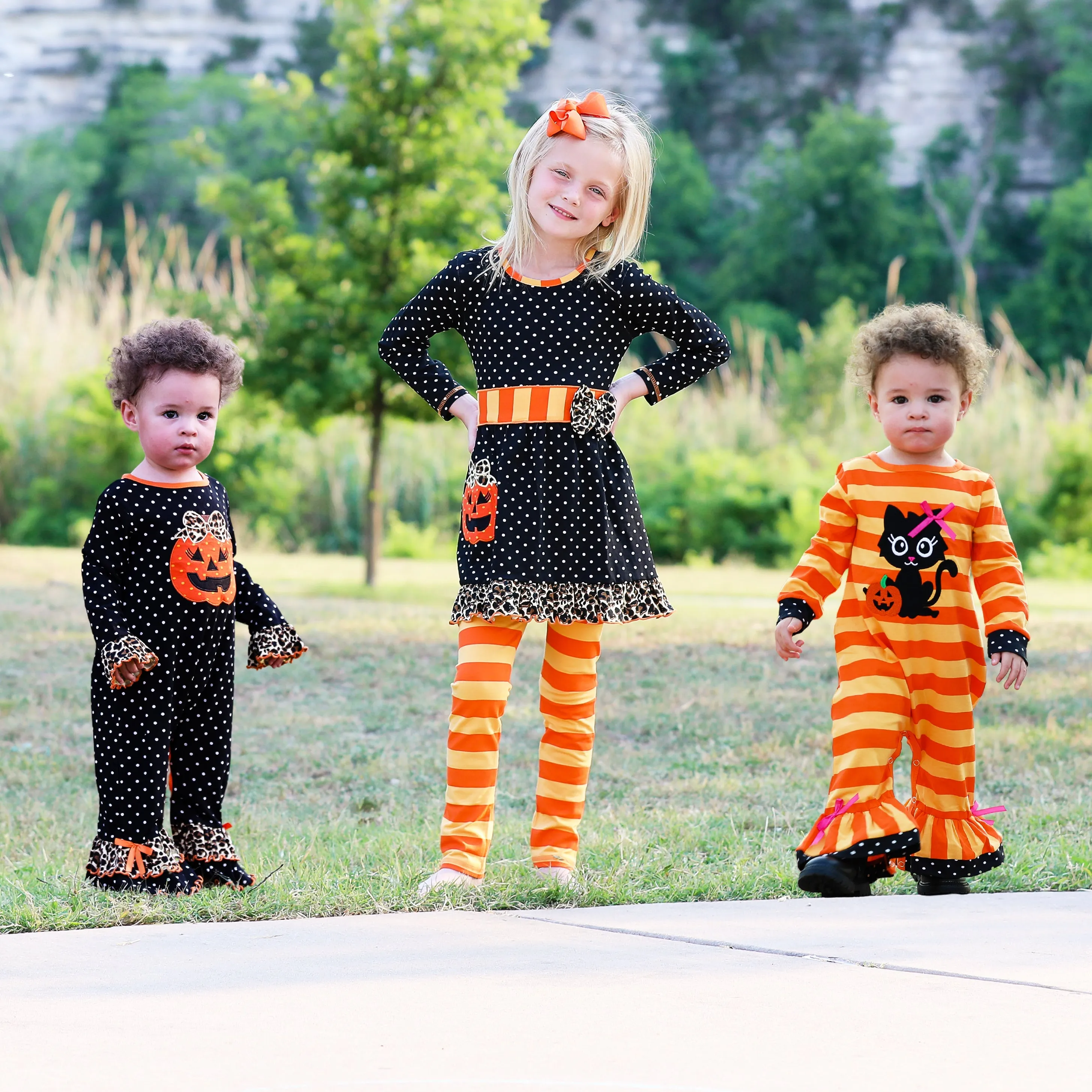 AnnLoren Girls Boutique Black Cat Orange Striped Halloween Dress