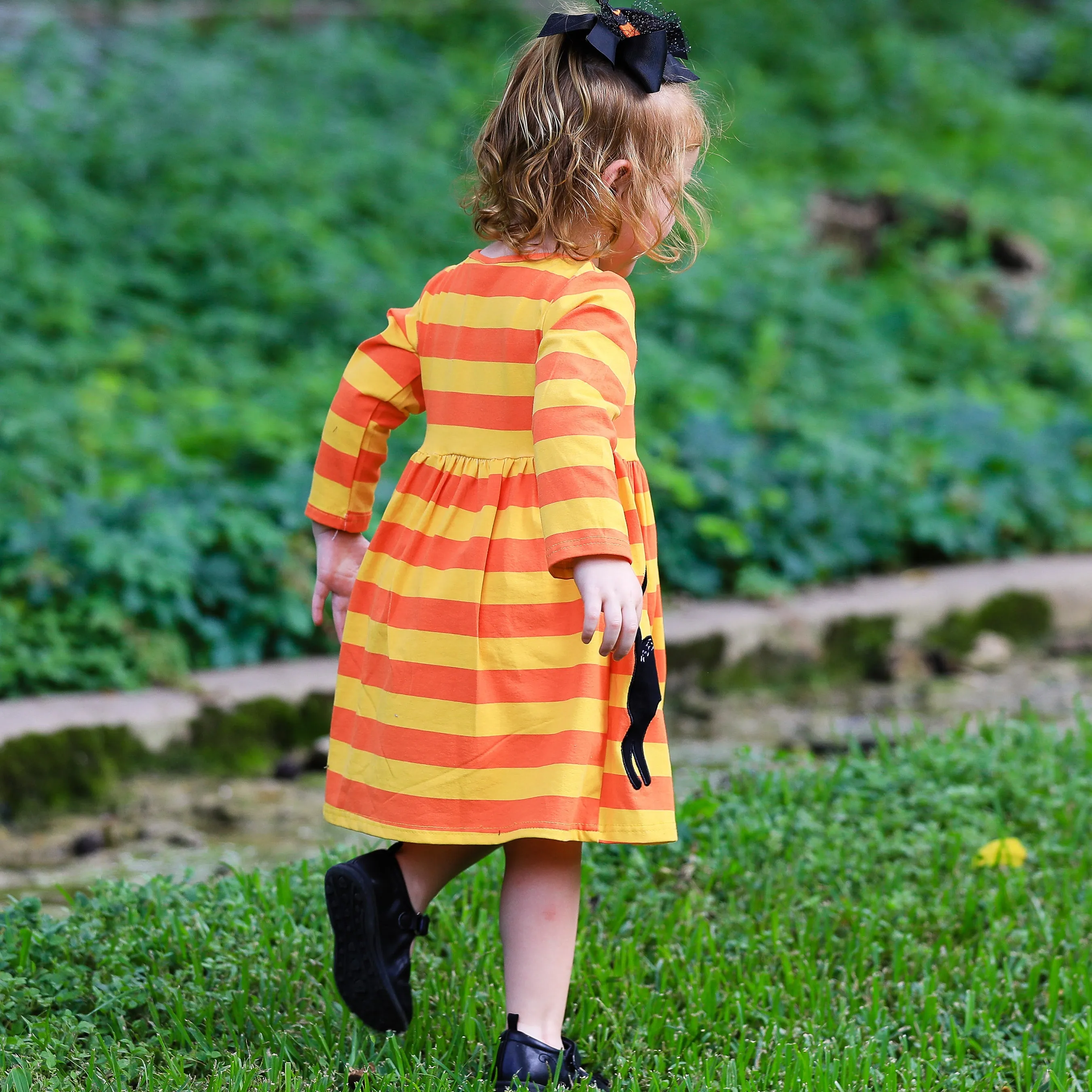 AnnLoren Girls Boutique Black Cat Orange Striped Halloween Dress