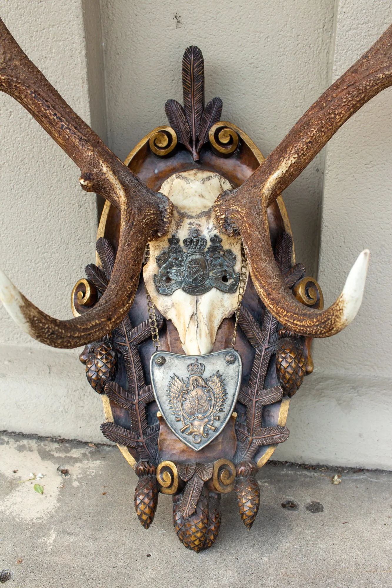 Antique Habsburg Red Stag Trophy on Hand Carved Black Forest Plaque with Gorget