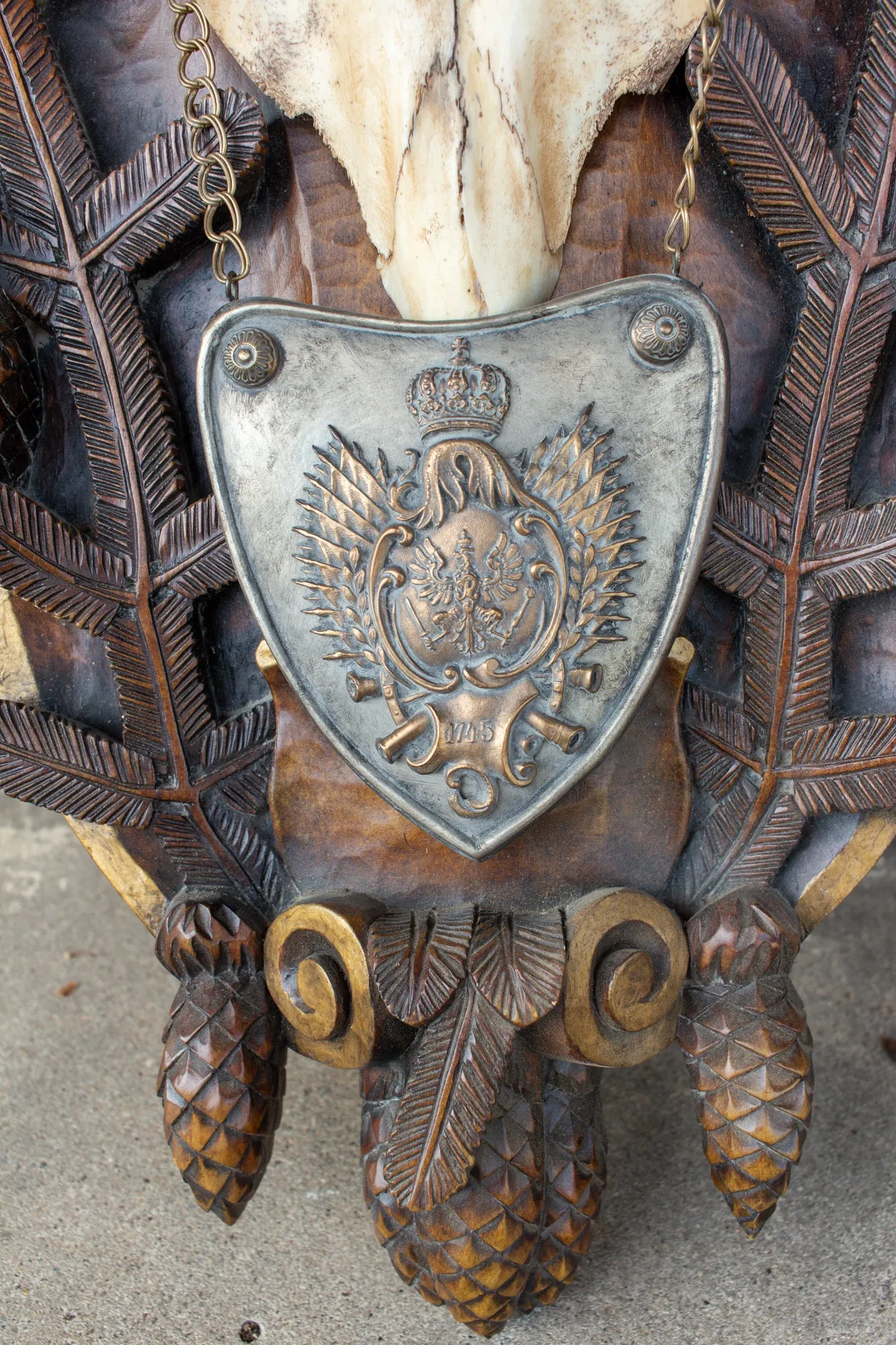 Antique Habsburg Red Stag Trophy on Hand Carved Black Forest Plaque with Gorget