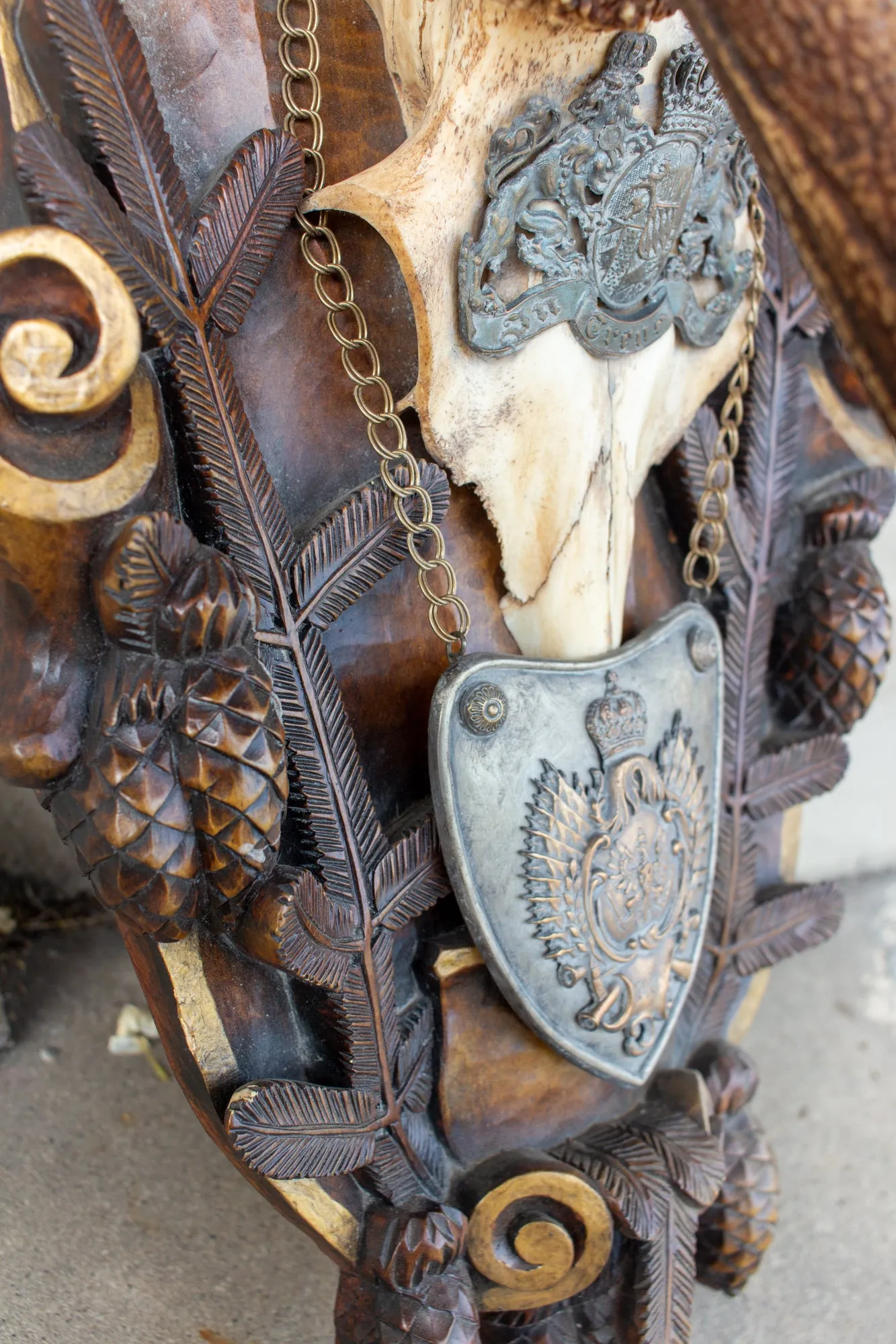 Antique Habsburg Red Stag Trophy on Hand Carved Black Forest Plaque with Gorget