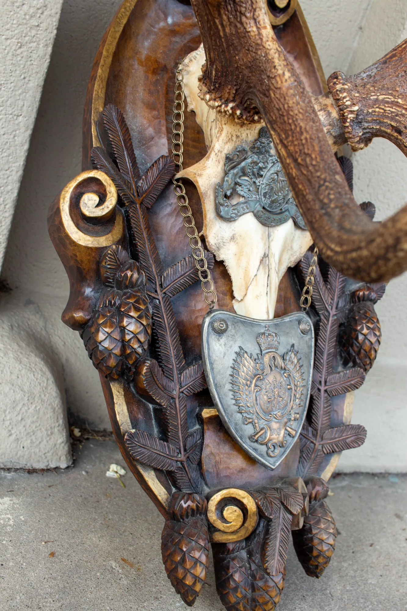 Antique Habsburg Red Stag Trophy on Hand Carved Black Forest Plaque with Gorget