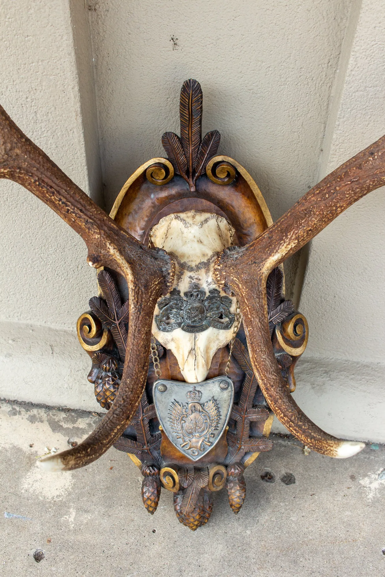 Antique Habsburg Red Stag Trophy on Hand Carved Black Forest Plaque with Gorget