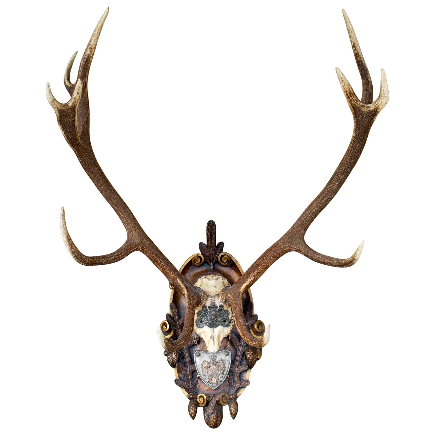 Antique Habsburg Red Stag Trophy on Hand Carved Black Forest Plaque with Gorget